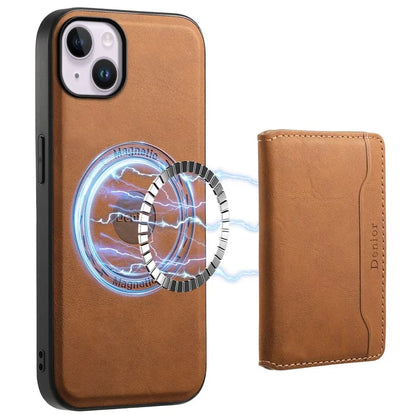 DENIOR D13 For iPhone 14 Plus Magnetic Leather+TPU+PC Bump Proof Phone Cover with Card Bag