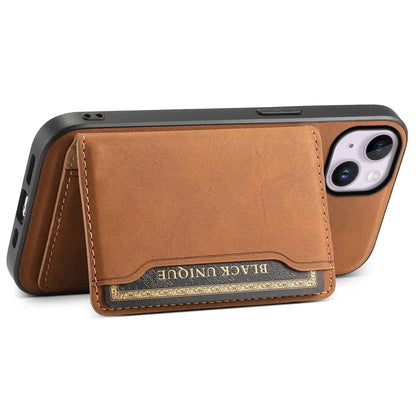DENIOR D13 For iPhone 14 Plus Magnetic Leather+TPU+PC Bump Proof Phone Cover with Card Bag