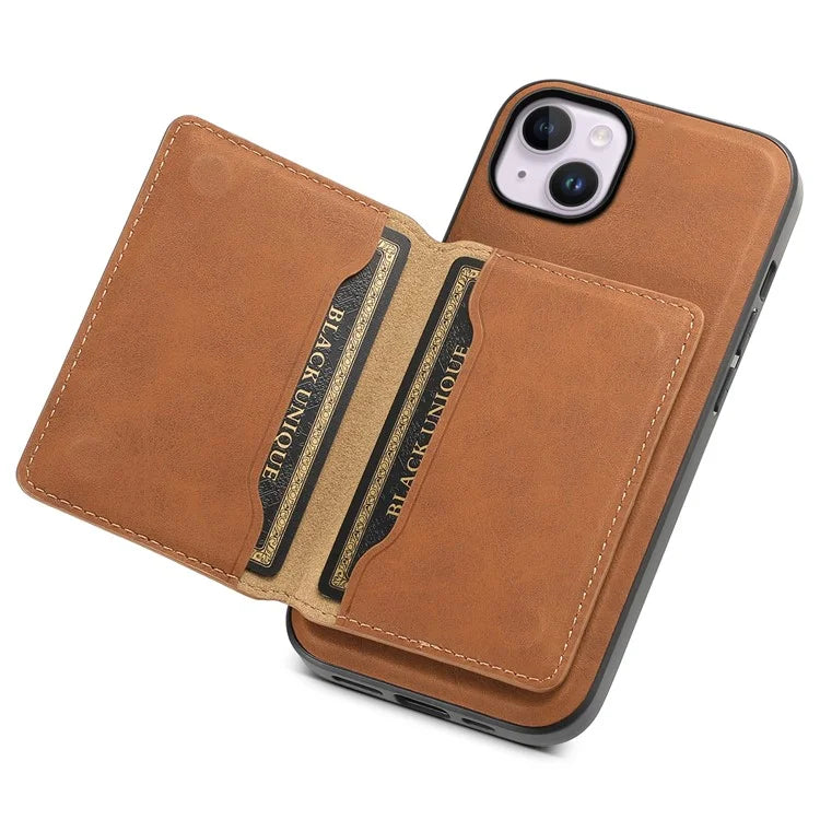 DENIOR D13 For iPhone 14 Plus Magnetic Leather+TPU+PC Bump Proof Phone Cover with Card Bag