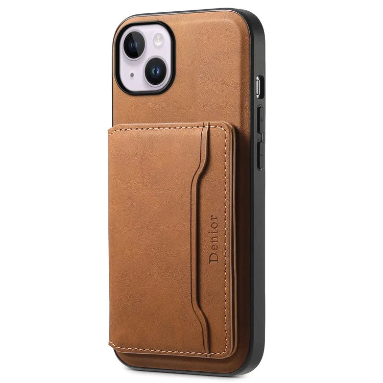 DENIOR D13 For iPhone 14 Plus Magnetic Leather+TPU+PC Bump Proof Phone Cover with Card Bag