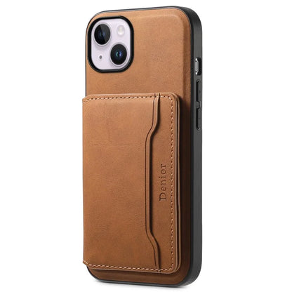 DENIOR D13 For iPhone 14 Plus Magnetic Leather+TPU+PC Bump Proof Phone Cover with Card Bag