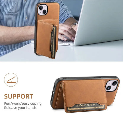 DENIOR D13 For iPhone 14 Plus Magnetic Leather+TPU+PC Bump Proof Phone Cover with Card Bag
