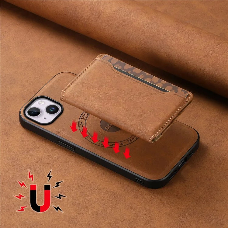 DENIOR D13 For iPhone 14 Plus Magnetic Leather+TPU+PC Bump Proof Phone Cover with Card Bag