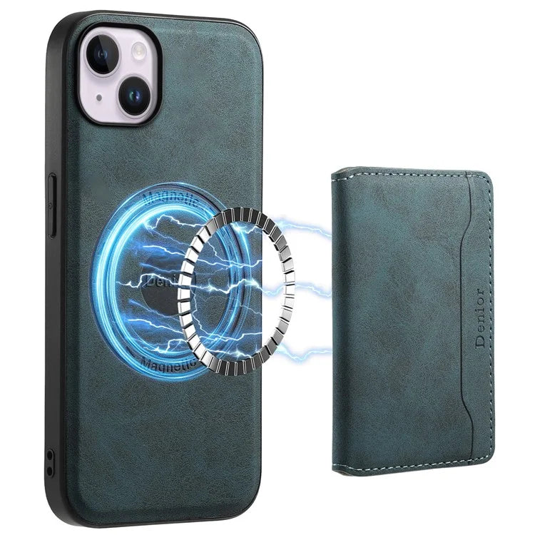 DENIOR D13 For iPhone 14 Plus Magnetic Leather+TPU+PC Bump Proof Phone Cover with Card Bag