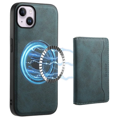 DENIOR D13 For iPhone 14 Plus Magnetic Leather+TPU+PC Bump Proof Phone Cover with Card Bag