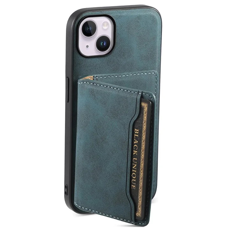 DENIOR D13 For iPhone 14 Plus Magnetic Leather+TPU+PC Bump Proof Phone Cover with Card Bag