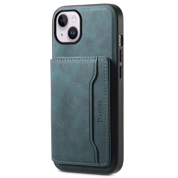 DENIOR D13 For iPhone 14 Plus Magnetic Leather+TPU+PC Bump Proof Phone Cover with Card Bag