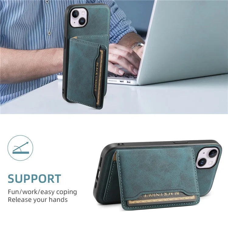 DENIOR D13 For iPhone 14 Plus Magnetic Leather+TPU+PC Bump Proof Phone Cover with Card Bag