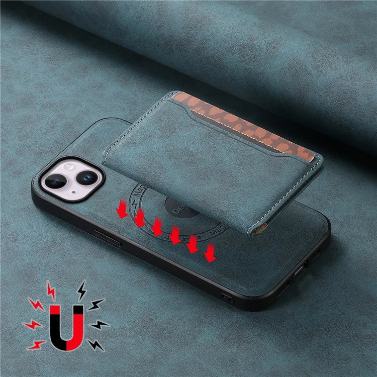 DENIOR D13 For iPhone 14 Plus Magnetic Leather+TPU+PC Bump Proof Phone Cover with Card Bag