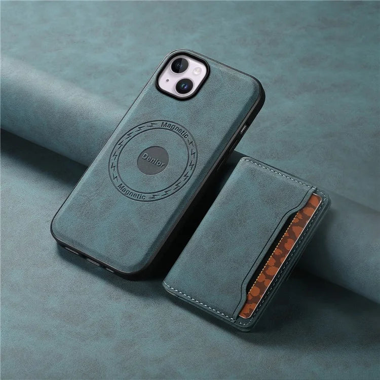 DENIOR D13 For iPhone 14 Plus Magnetic Leather+TPU+PC Bump Proof Phone Cover with Card Bag