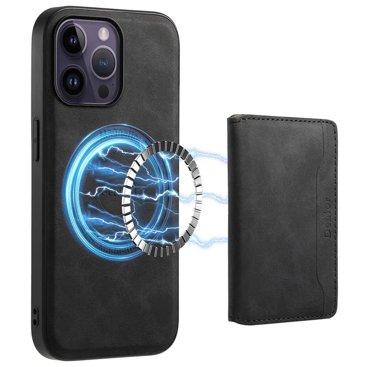 DENIOR D13 For iPhone 14 Pro Max Case Magnetic Retro Leather+TPU+PC Phone Cover with Detachable Card Bag