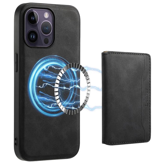 DENIOR D13 For iPhone 14 Pro Max Case Magnetic Retro Leather+TPU+PC Phone Cover with Detachable Card Bag