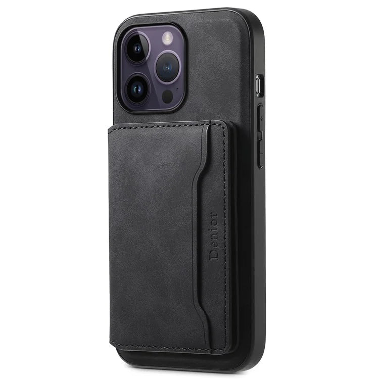 DENIOR D13 For iPhone 14 Pro Max Case Magnetic Retro Leather+TPU+PC Phone Cover with Detachable Card Bag