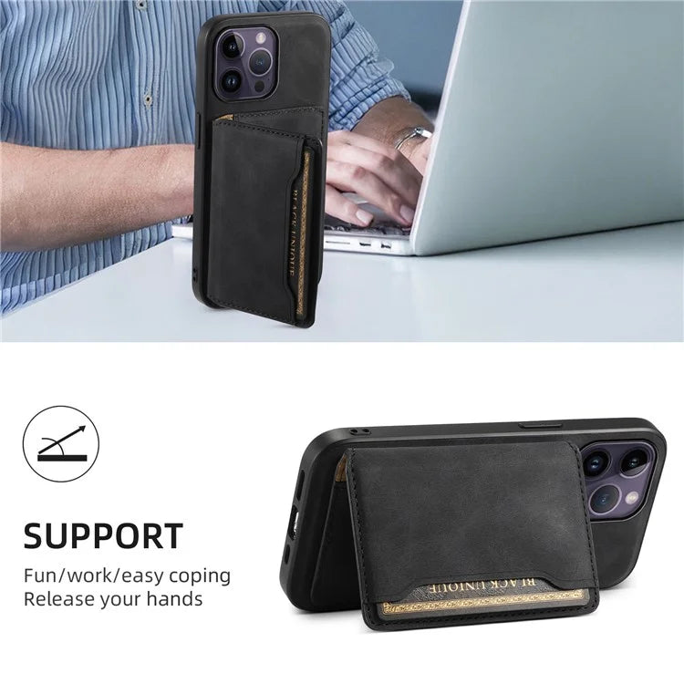DENIOR D13 For iPhone 14 Pro Max Case Magnetic Retro Leather+TPU+PC Phone Cover with Detachable Card Bag