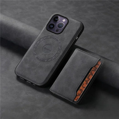DENIOR D13 For iPhone 14 Pro Max Case Magnetic Retro Leather+TPU+PC Phone Cover with Detachable Card Bag