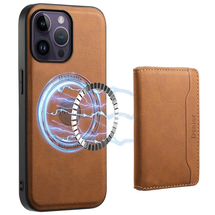 DENIOR D13 For iPhone 14 Pro Max Case Magnetic Retro Leather+TPU+PC Phone Cover with Detachable Card Bag