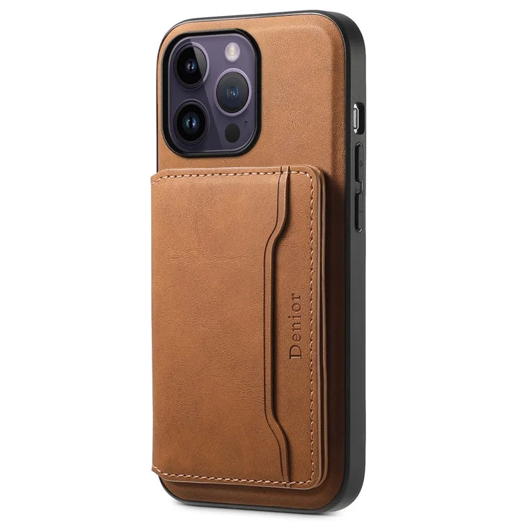 DENIOR D13 For iPhone 14 Pro Max Case Magnetic Retro Leather+TPU+PC Phone Cover with Detachable Card Bag