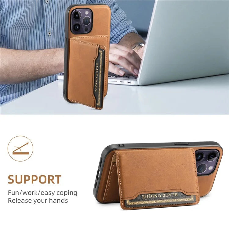 DENIOR D13 For iPhone 14 Pro Max Case Magnetic Retro Leather+TPU+PC Phone Cover with Detachable Card Bag