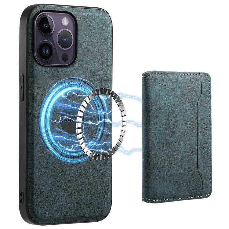 DENIOR D13 For iPhone 14 Pro Max Case Magnetic Retro Leather+TPU+PC Phone Cover with Detachable Card Bag
