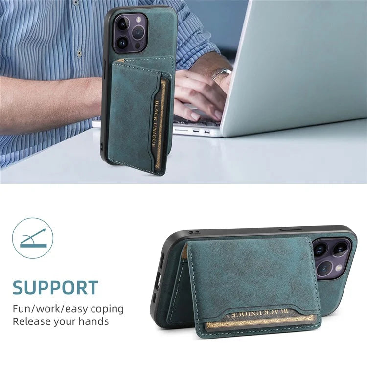 DENIOR D13 For iPhone 14 Pro Max Case Magnetic Retro Leather+TPU+PC Phone Cover with Detachable Card Bag