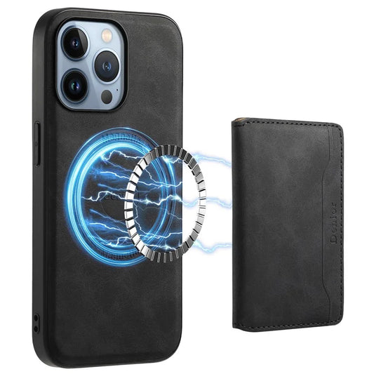 DENIOR D13 For iPhone 13 Pro Case Leather Phone Protective Cover with Detachable Magnetic Card Holder