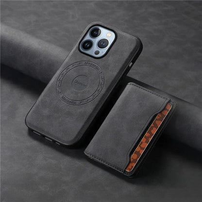 DENIOR D13 For iPhone 13 Pro Case Leather Phone Protective Cover with Detachable Magnetic Card Holder