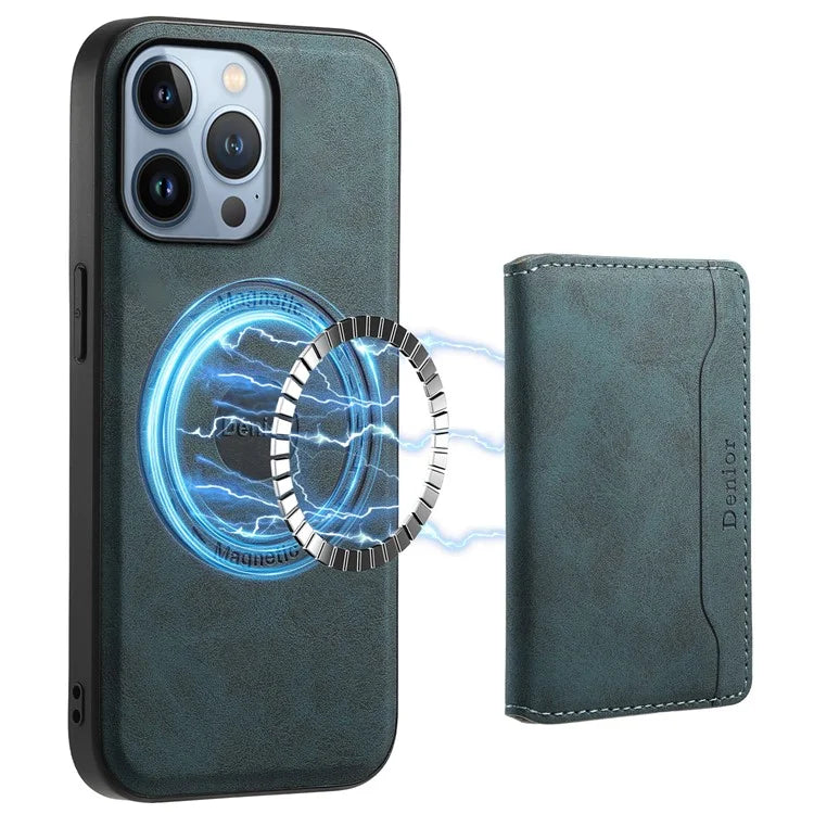 DENIOR D13 For iPhone 13 Pro Case Leather Phone Protective Cover with Detachable Magnetic Card Holder