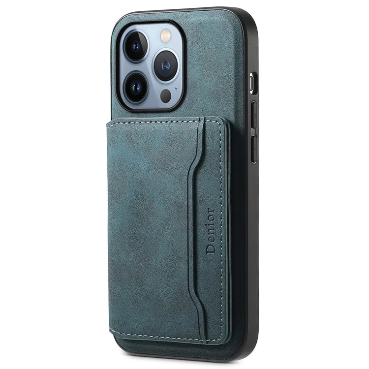 DENIOR D13 For iPhone 13 Pro Case Leather Phone Protective Cover with Detachable Magnetic Card Holder