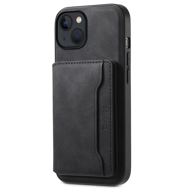 DENIOR D13 For iPhone 13 / 14 Case Leather Back Phone Cover with Detachable Magnetic Card Holder