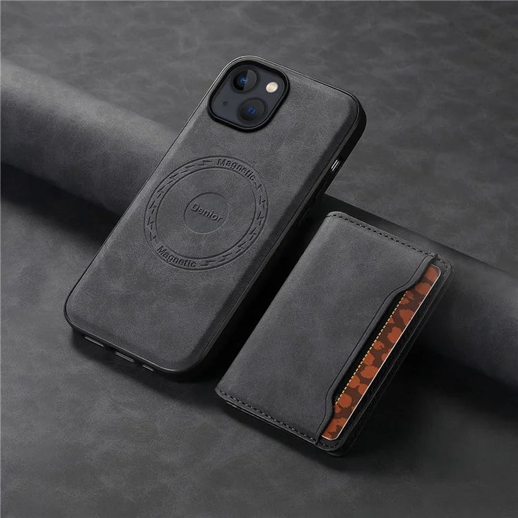 DENIOR D13 For iPhone 13 / 14 Case Leather Back Phone Cover with Detachable Magnetic Card Holder