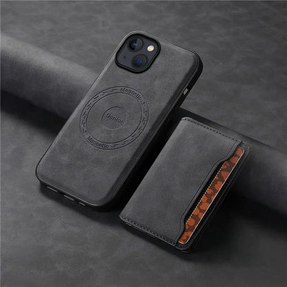 DENIOR D13 For iPhone 13 / 14 Case Leather Back Phone Cover with Detachable Magnetic Card Holder