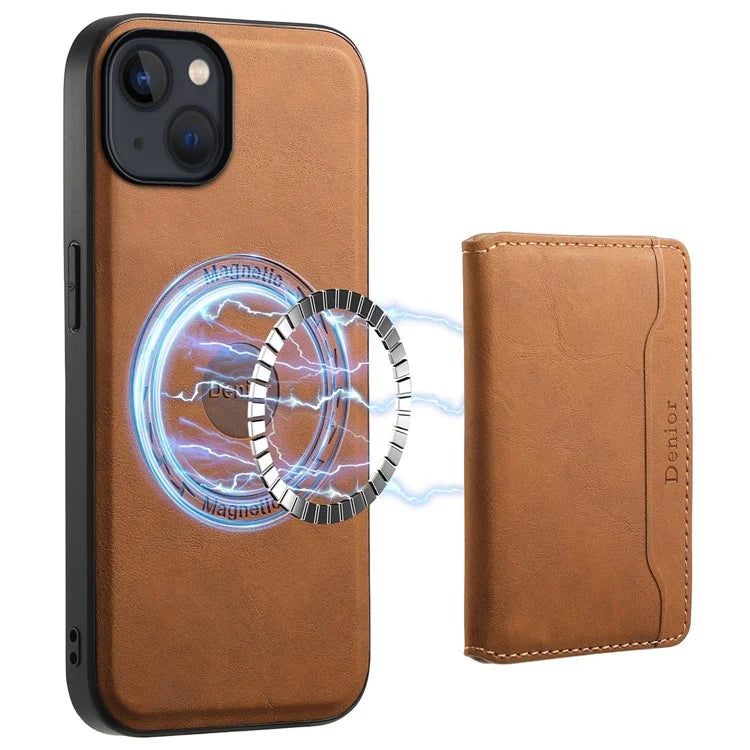 DENIOR D13 For iPhone 13 / 14 Case Leather Back Phone Cover with Detachable Magnetic Card Holder