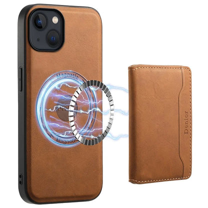 DENIOR D13 For iPhone 13 / 14 Case Leather Back Phone Cover with Detachable Magnetic Card Holder