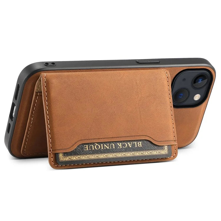 DENIOR D13 For iPhone 13 / 14 Case Leather Back Phone Cover with Detachable Magnetic Card Holder