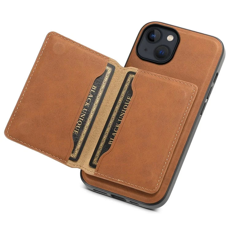 DENIOR D13 For iPhone 13 / 14 Case Leather Back Phone Cover with Detachable Magnetic Card Holder