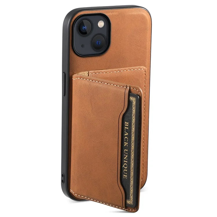 DENIOR D13 For iPhone 13 / 14 Case Leather Back Phone Cover with Detachable Magnetic Card Holder