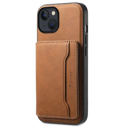 DENIOR D13 For iPhone 13 / 14 Case Leather Back Phone Cover with Detachable Magnetic Card Holder