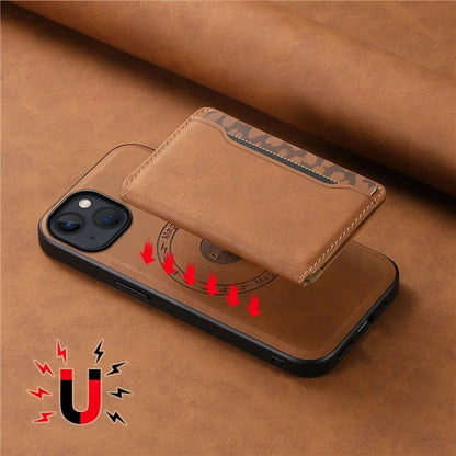 DENIOR D13 For iPhone 13 / 14 Case Leather Back Phone Cover with Detachable Magnetic Card Holder