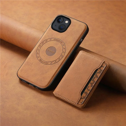 DENIOR D13 For iPhone 13 / 14 Case Leather Back Phone Cover with Detachable Magnetic Card Holder