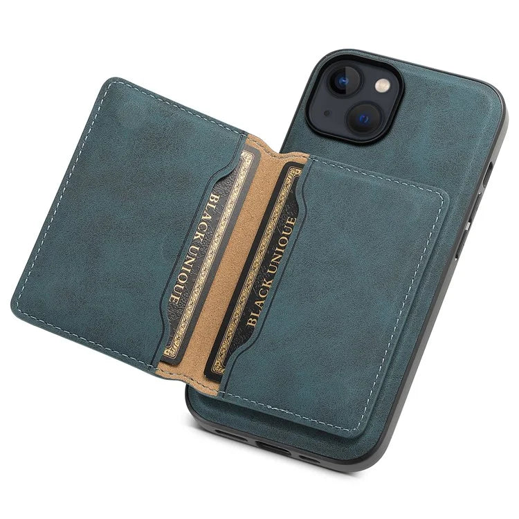 DENIOR D13 For iPhone 13 / 14 Case Leather Back Phone Cover with Detachable Magnetic Card Holder