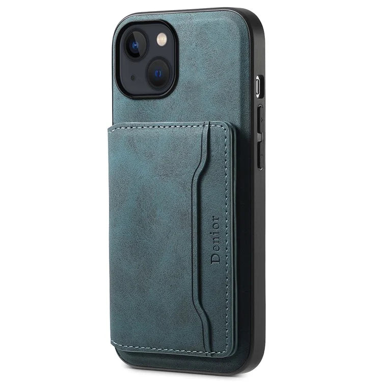 DENIOR D13 For iPhone 13 / 14 Case Leather Back Phone Cover with Detachable Magnetic Card Holder