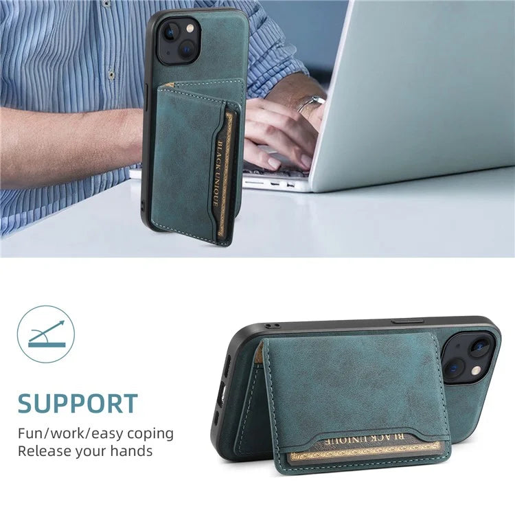 DENIOR D13 For iPhone 13 / 14 Case Leather Back Phone Cover with Detachable Magnetic Card Holder