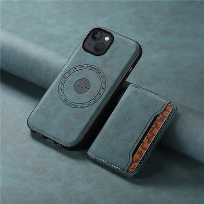 DENIOR D13 For iPhone 13 / 14 Case Leather Back Phone Cover with Detachable Magnetic Card Holder