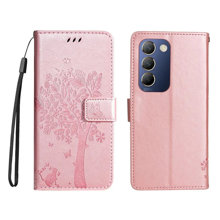 KT Imprinting Flower Series-3 For vivo V40 SE 5G / Y100 5G (Indonesia) / Y200e 5G / V30 Lite 5G (India) Case Leather Phone Wallet Cover Gold