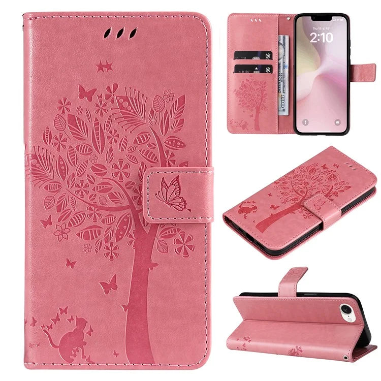 KT Imprinting Flower Series-3 For iPhone SE (2024) Wallet Case Tree Pattern Leather Phone Cover