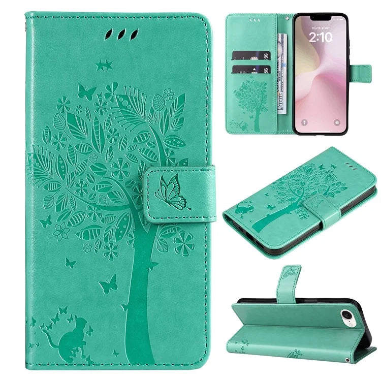 KT Imprinting Flower Series-3 For iPhone SE (2024) Wallet Case Tree Pattern Leather Phone Cover