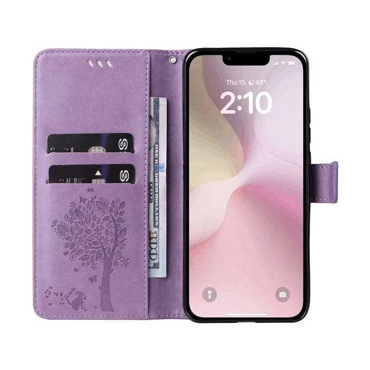KT Imprinting Flower Series-3 For iPhone SE (2024) Wallet Case Tree Pattern Leather Phone Cover