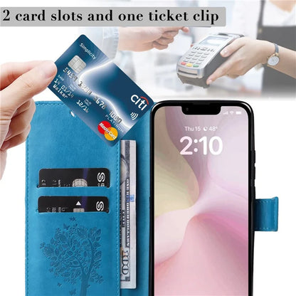 KT Imprinting Flower Series-3 For iPhone SE (2024) Wallet Case Tree Pattern Leather Phone Cover