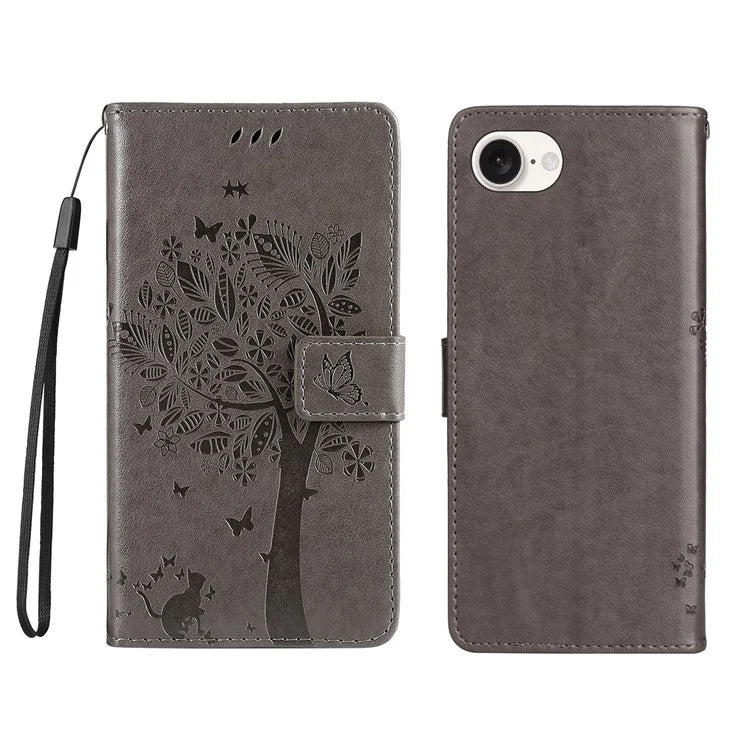 KT Imprinting Flower Series-3 For iPhone SE (2024) Wallet Case Tree Pattern Leather Phone Cover
