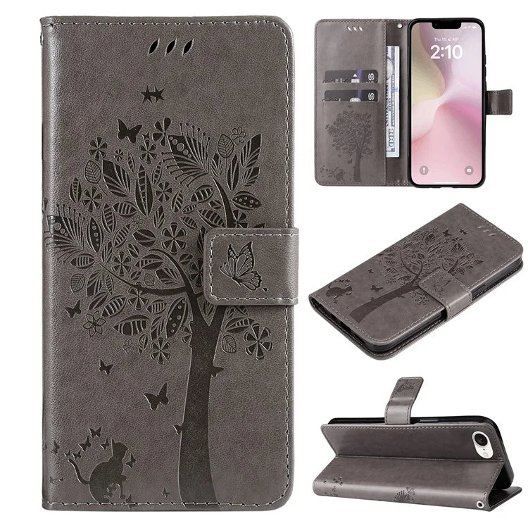 KT Imprinting Flower Series-3 For iPhone SE (2024) Wallet Case Tree Pattern Leather Phone Cover